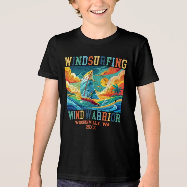 Custom Windsurfing Surfer Location Date Name Tri-Blend Shirt (Front)