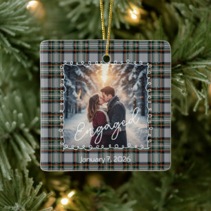 Custom Winter Engagement Photo Card with Tartan Ceramic Ornament