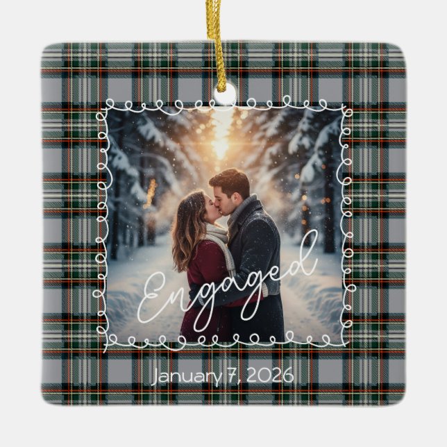 Custom Winter Engagement Photo Card with Tartan  Ceramic Ornament (Front)