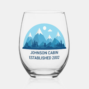 Custom Winter Family Cabin Blue Snowy Mountain Stemless Wine Glass