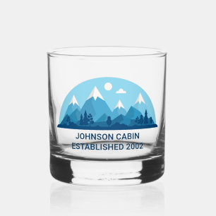 Custom Winter Family Cabin Blue Snowy Mountain Whiskey Glass