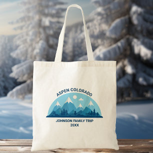 Custom Winter Family Reunion Blue Snowy Mountain Tote Bag