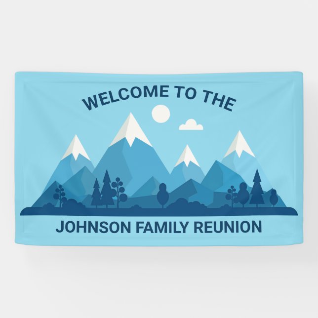 Custom Winter Family Reunion Party Blue Mountain Banner (Horizontal)