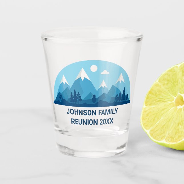 Custom Winter Family Reunion Party Blue Mountain Shot Glass (Front)