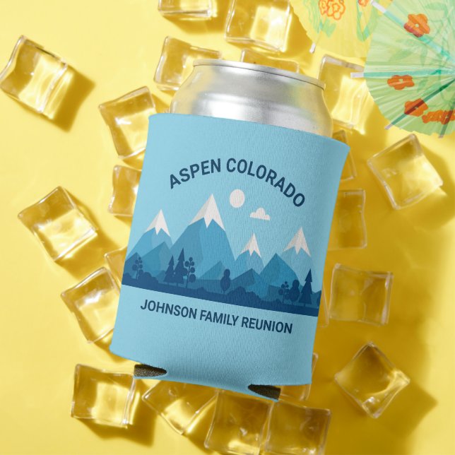 Custom Winter Family Reunion Party Snowy Mountain Can Cooler (In Situ Summer)