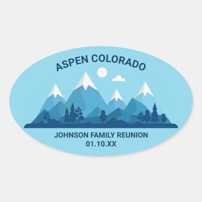 Custom Winter Family Reunion Party Snowy Mountain Oval Sticker (Front)