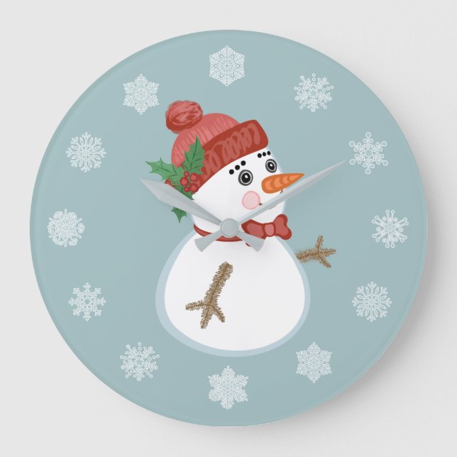 Custom Winter Holiday Christmas Snowman Large Clock (Front)