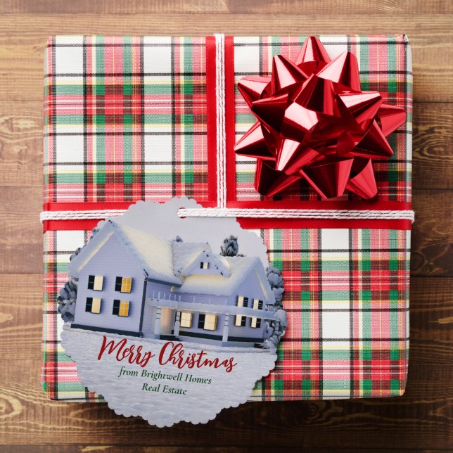 Custom Winter Real Estate Company Snowy Home Tree Decoration Card (Insitu (Gift))