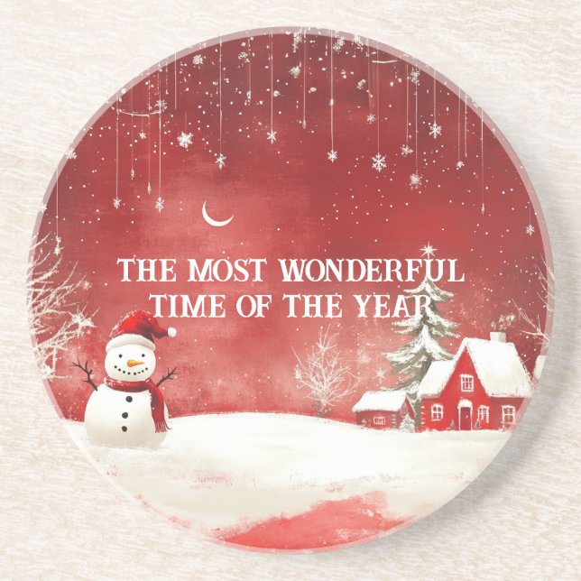 Custom Winter Wonderland Scene Christmas Snowman Coaster (Front)