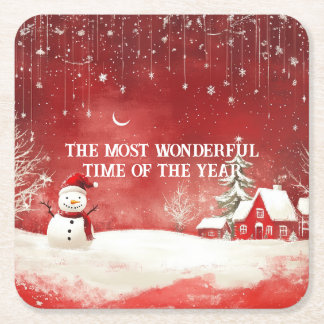Custom Winter Wonderland Scene Christmas Snowman Square Paper Coaster