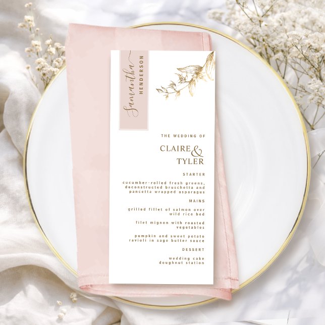 Custom with Guest Name Blush Pink and Gold Wedding Menu (Creator Uploaded)
