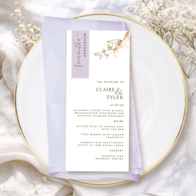 Custom with Guest Name Lavender and Gold Wedding Menu (Creator Uploaded)