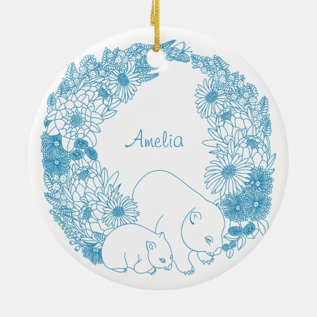 Custom Wombat Christmas Light Blue Ceramic Tree Decoration (Back)