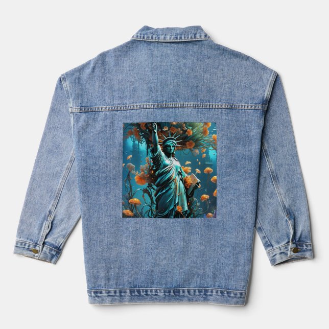 Custom Women's Denim Jacket - statue of Liberty. (Back)