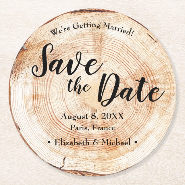 Custom Wood Cut Save the Date Creative Wedding Round Paper Coaster (Front)