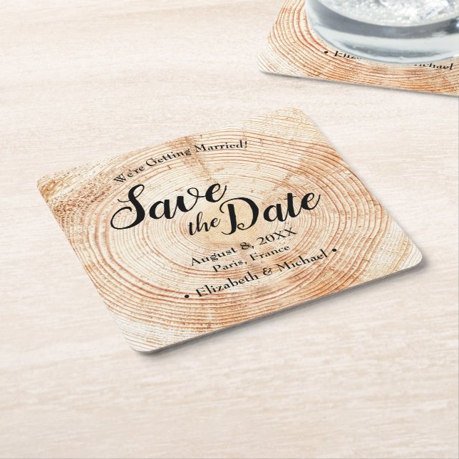 Custom Wood disc Save the Date Unique Wedding  Square Paper Coaster (Angled)