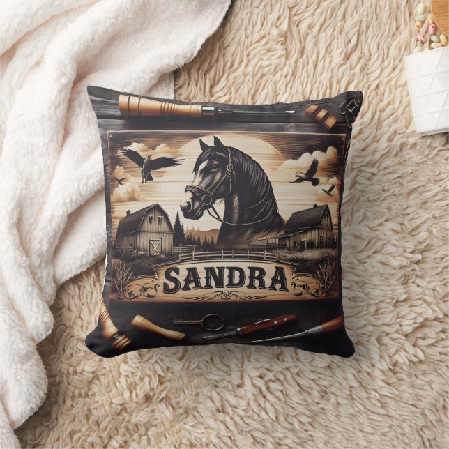 Custom Wood Engraving of Horse and Barns Cushion (Blanket)