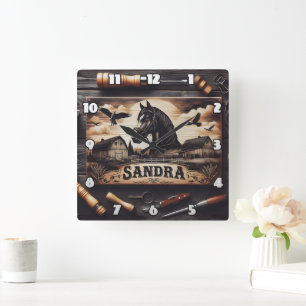 Custom Wood Engraving of Horse and Barns Square Wall Clock