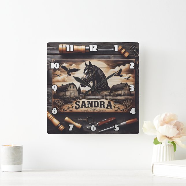 Custom Wood Engraving of Horse and Barns Square Wall Clock (Home)