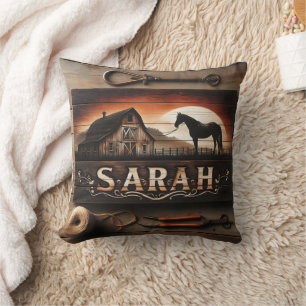 Custom Wooden Sign With Horse and Barn in Sunset Cushion