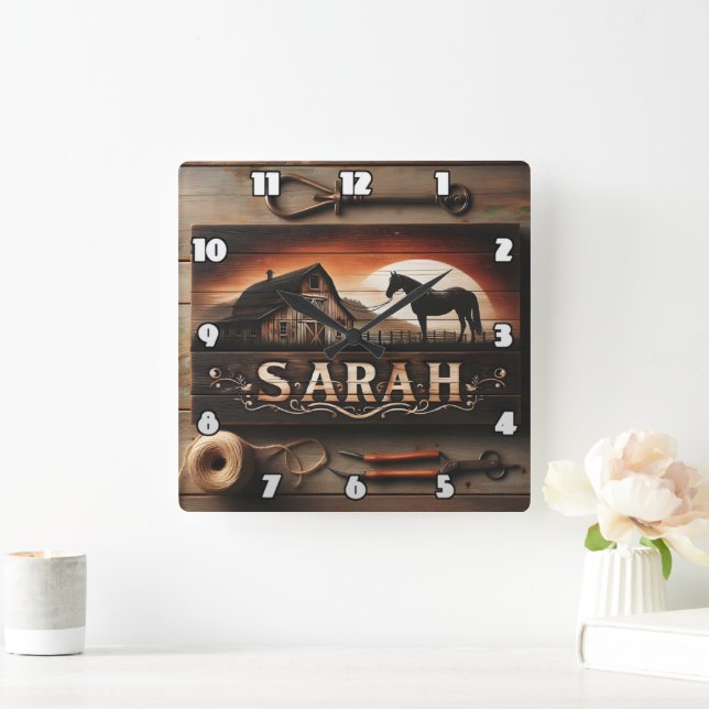 Custom Wooden Sign With Horse and Barn in Sunset Square Wall Clock (Home)