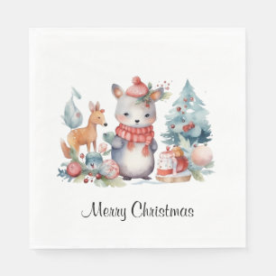 Custom Woodland Animals Christmas Watercolor Art Napkin