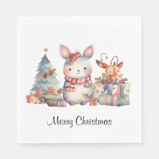 Custom Woodland Bunny Rabbit Christmas Watercolor Napkin (Front)