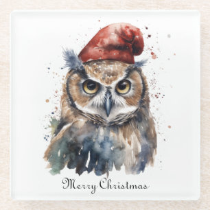 Custom Woodland Christmas Watercolor Owl Santa Hat Glass Coaster
