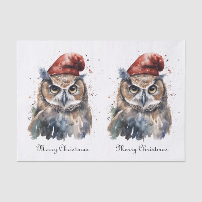 Custom Woodland Christmas Watercolor Owl Santa Hat Tissue Paper (Front)