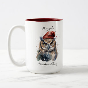 Custom Woodland Christmas Watercolor Owl Santa Hat Two-Tone Coffee Mug