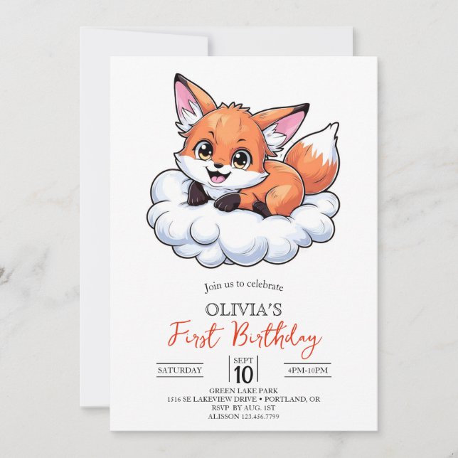 Custom Woodland Digital Fox 1st Birthday Invitation (Front)