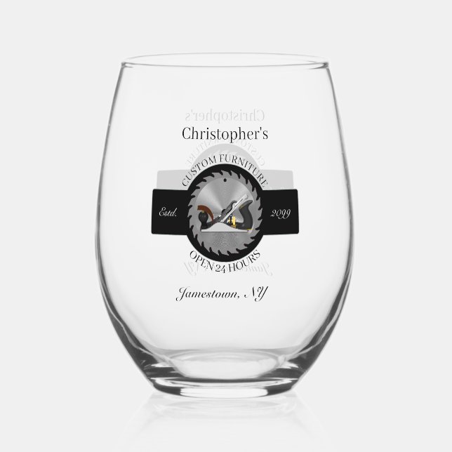 Custom Woodwork Saw Blade Plane Drinkware Cocktail Stemless Wine Glass (Front)