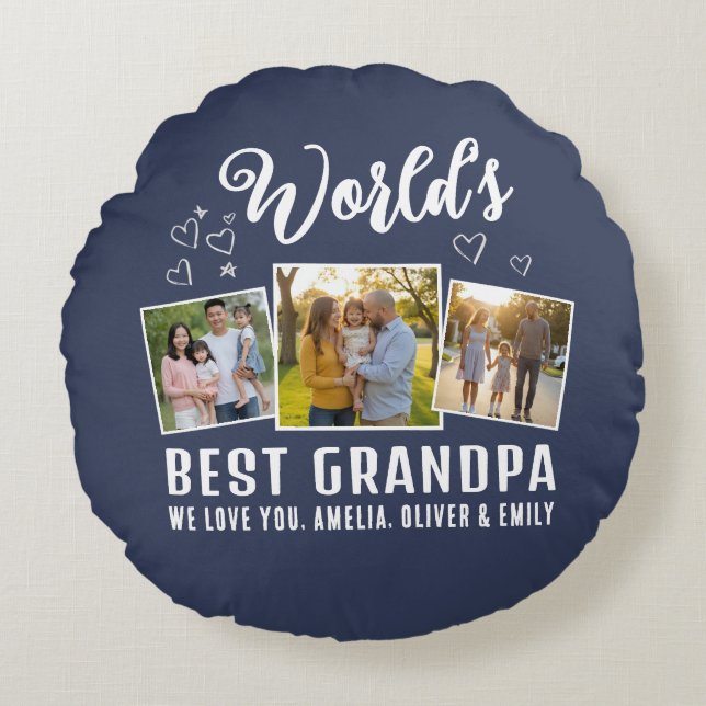 Custom World's Best Grandpa 3 Photo  Round Cushion (Front)