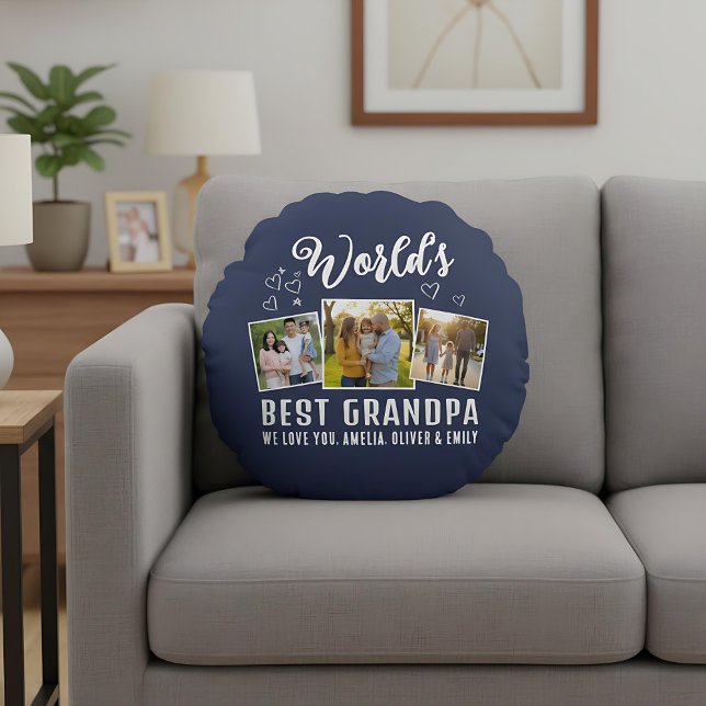 Custom World's Best Grandpa 3 Photo  Round Cushion (Creator Uploaded)
