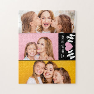 Custom Worlds Best Mum Cute Pink Heart 3 Photo Jigsaw Puzzle