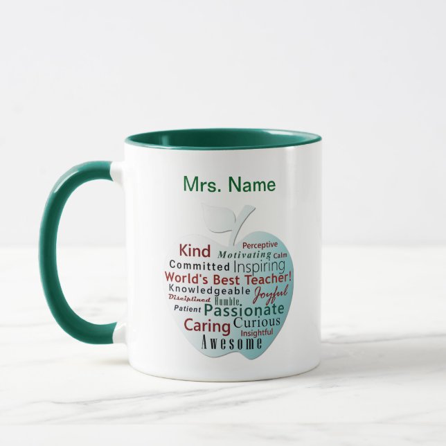 Custom World's Best Teacher, Apple Qualities Green Mug (Left)