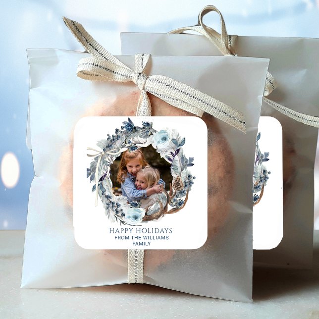 Custom Wreath Photo Frame Blue and White, Holiday Square Sticker (Creator Uploaded)