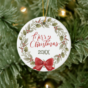 Custom Wreath Red Bow Christmas Ceramic Tree Decoration