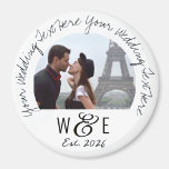 Custom Written Text Fridge Magnet Wedding Favours<br><div class="desc">Custom printed, personalised DELICATE HANDWRITING HANDWRITTEN font template ROUND Photo Fridge Magnet wedding favours. Template personalised on front of photo fridge magnet, available in 3 sizes: 1.25", 2.25" and 3" diameter. UPPER TEXT - main wedding statement. Replace IMAGE with your wedding couple, engagement, wedding photo. LOWER TEXT - The monogram...</div>