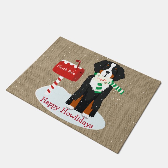 Custom Xmas Bernese Mt Dog Letter To Santa Burlap Doormat (Angled)