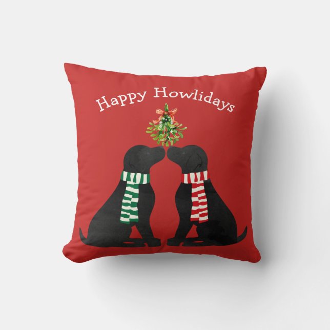 Custom Xmas Black Labs Kissing Mistletoe Cushion (Front)