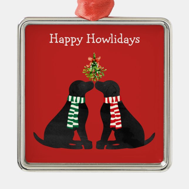Custom Xmas Black Labs Kissing Mistletoe Metal Tree Decoration (Front)