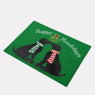 Custom Xmas Black Labs Mistletoe Green Burlap Doormat