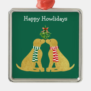 Custom Xmas Golden Retrievers Kissing Mistletoe Metal Tree Decoration