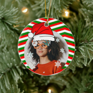 Custom Xmas. photo Santa's hat Ceramic Tree Decoration