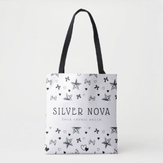 Custom Y2K Dark Coquette Silver Star Black Ribbon Tote Bag
