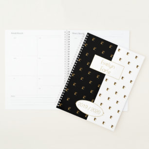 Custom Year 2019 2020 Black White Gold Monogram E Planner