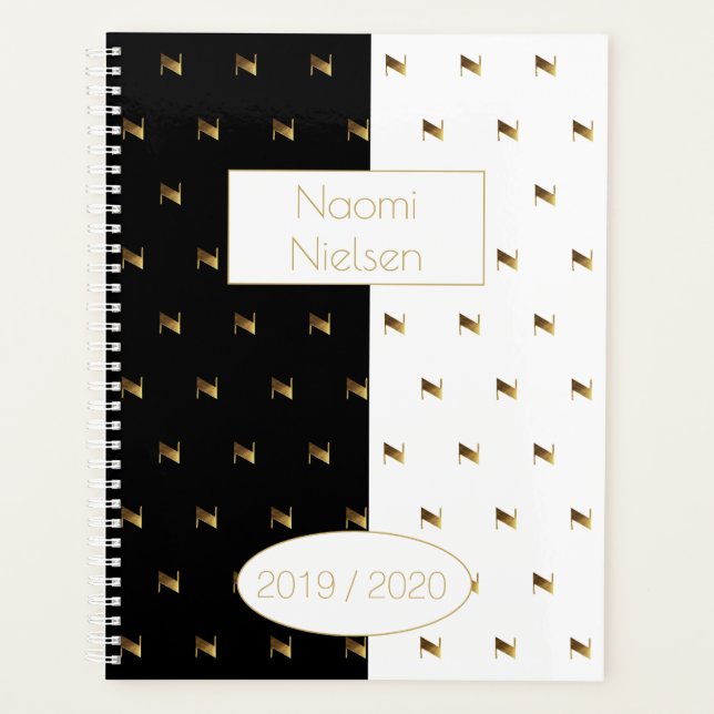 Custom Year 2019 2020 Black White Gold Monogram N Planner (Front)
