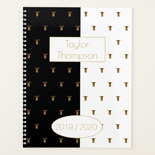 Custom Year 2019 2020 Black White Gold Monogram T Planner (Front)