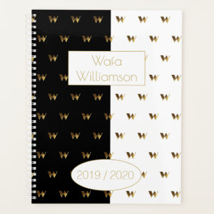 Custom Year 2019 2020 Black White Gold Monogram W Planner